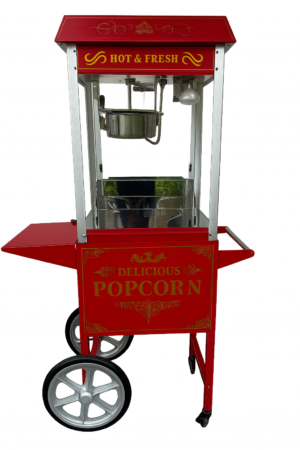 Rote nostalgische Popcornmaschine mit Wagen und goldenen Verzierungen, beschriftet mit „Hot & Fresh“ und „Delicious Popcorn“