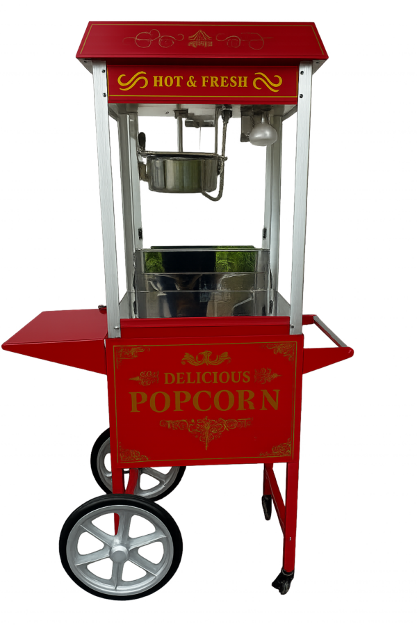 Rote nostalgische Popcornmaschine mit Wagen und goldenen Verzierungen, beschriftet mit „Hot & Fresh“ und „Delicious Popcorn“
